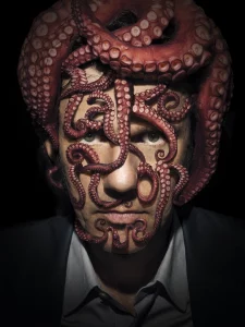 Graphiste création de visuel portrait d'homme en clair obscur avec poulpe sur la t^te. Visuel original